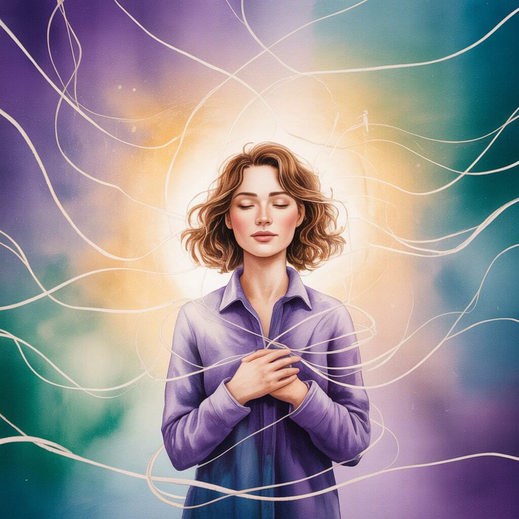 Serene woman in a purple shirt with eyes closed, surrounded by soft flowing light, representing energetic clearing and healing.