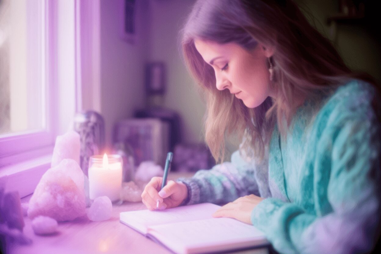 crystals and candles representing intuitive energy healing practice
