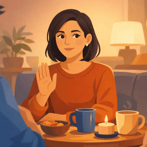 Serene woman in a purple shirt with eyes closed, surrounded by soft flowing light, representing energetic clearing and healing.