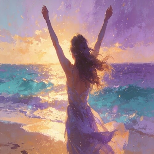 woman at beach with arms up excited about learning intuition